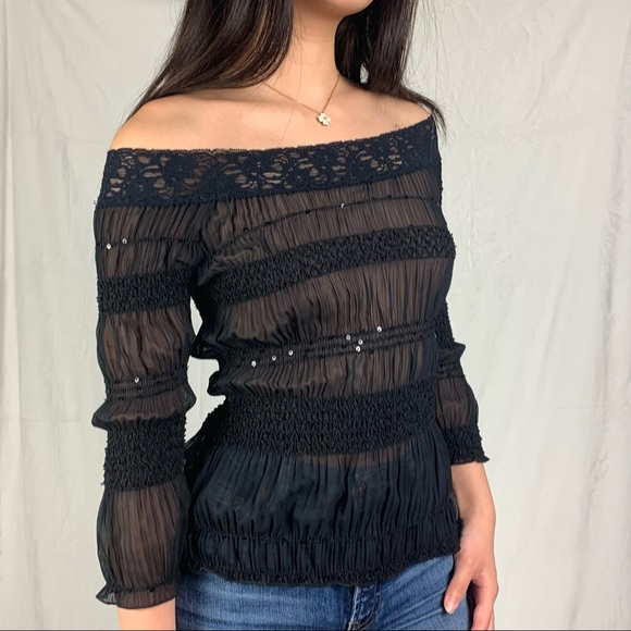 sirens small black sheer mesh shirred blouse - Picture 2 of 8